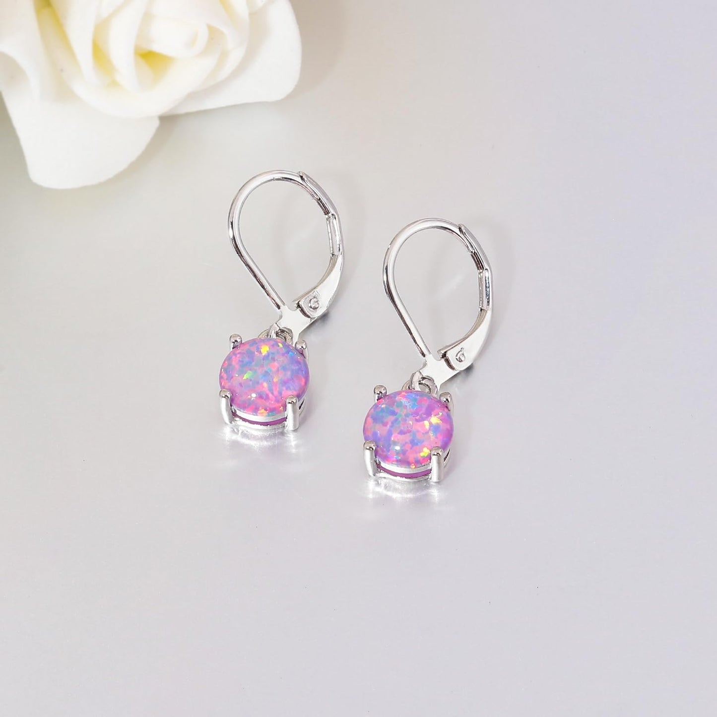 CiNily Round-Cut Opal Dangle Earrings for Women Hypoallergenic Purple Fire Opal Rhodium Plated Leverback Gemstone Drop Earrings Jewelry Birthday