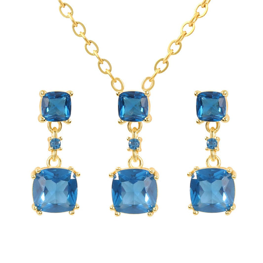 TaYolnFaSo Blue Cubic Zirconia Jewelry Sets for Women 14k Gold Plated Cushion-Cut Necklace Earring Set Blue JCZ ewelry Birthday Gifts for Mother