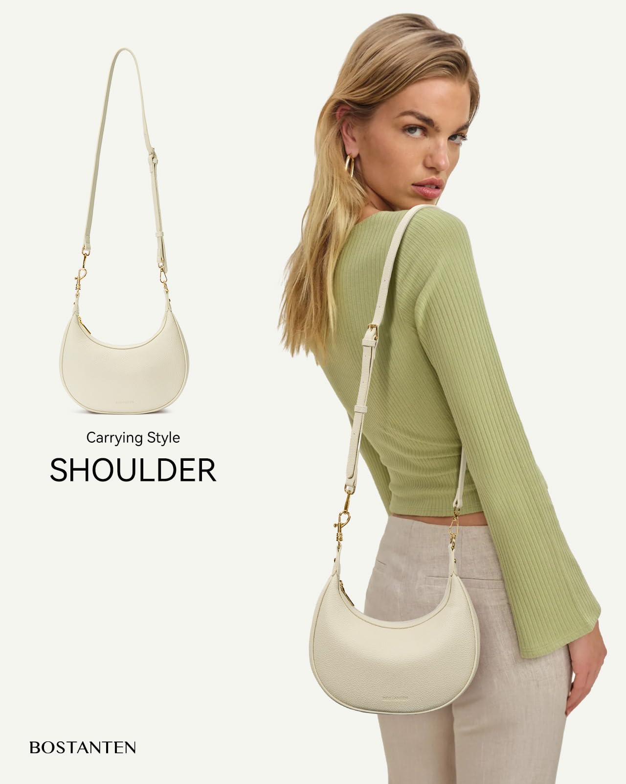 BOSTANTEN Crossbody Purse Small Crescent Shoulder Bags for Women Vegan Leather Clutch Handbag Removable Strap Beige