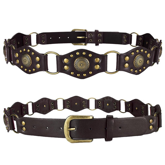 JFYSJH Brown Western Belts for Women Cowgirl Y2K Studded Leather Concho Chain Belt Wide Boho Disc Vintage Country Belts for Dresses Jeans, Fit Waist 38" to 42"