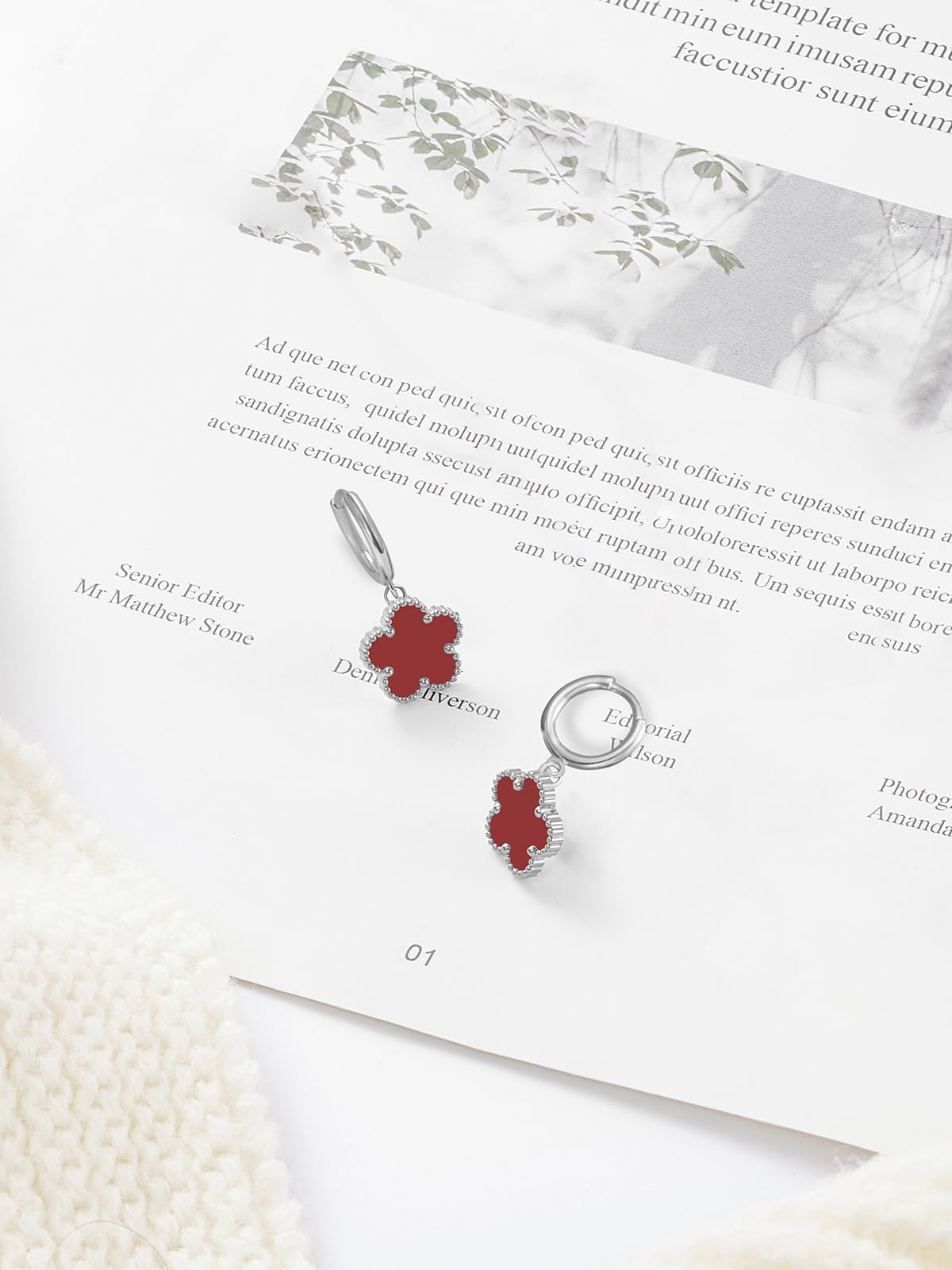 Gold Plated Five Leaf Clover Dangle Earrings for Women Lucky Flower Jewelry (Burgundy-White Gold Plated)
