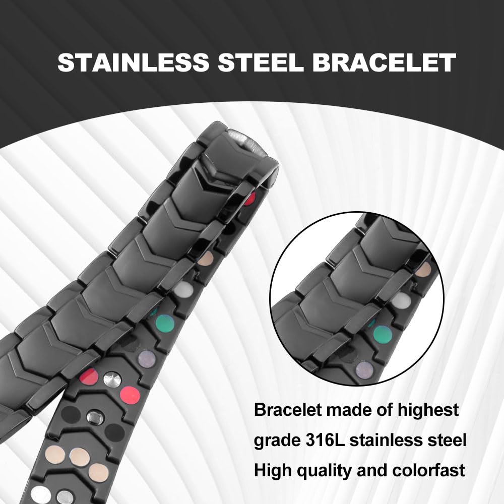 KYOSI 3X Magnetic Bracelets for Men Three rows Energy Stainless Steel Bracelet Magnet Link Mens Christmas Gift Jewelry (Black, 8.66 inches)