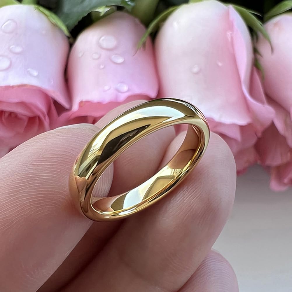 TUTISS 4mm Gold Tungsten Rings for Women Men Engagement Wedding Bands Domed Polished Comfort Fit Size 11