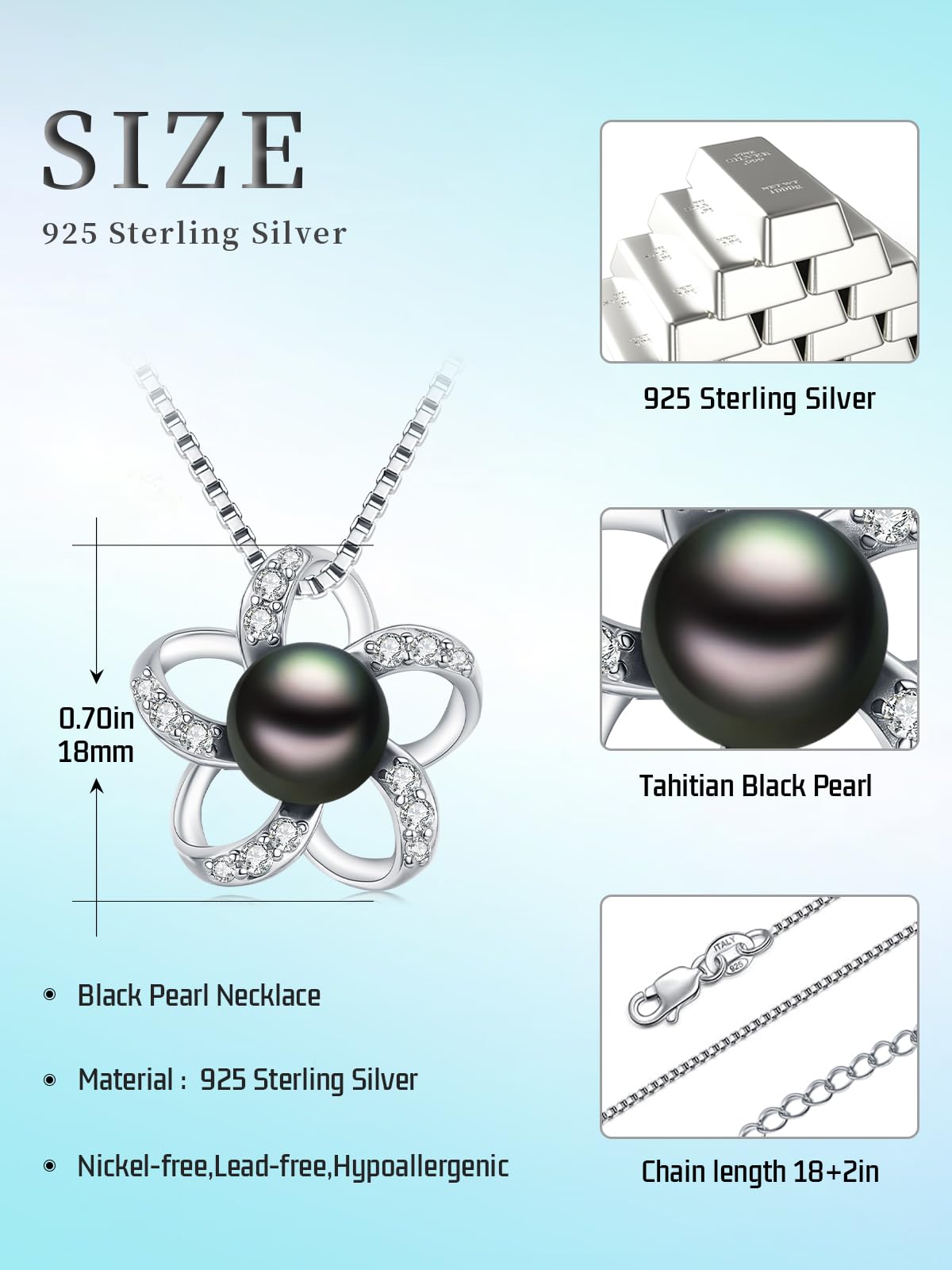 KANNSOAR Tahitian Black Pearl Necklace for Women 18K White Gold Plated Sterling Silver Pentagram Pendant Necklace Tahitian Black Pearl Gifts for Wedding Anniversary Graduation Birthday