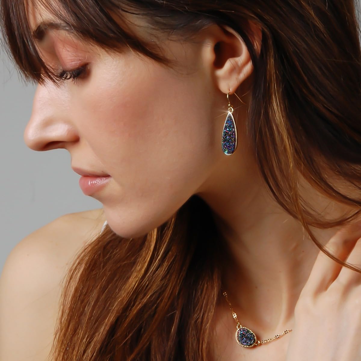 Simulated Druzy Drop Dangles - Sparkly Long Teardrop Dangly Earrings for Women, Gold Tone - Black Created Opal