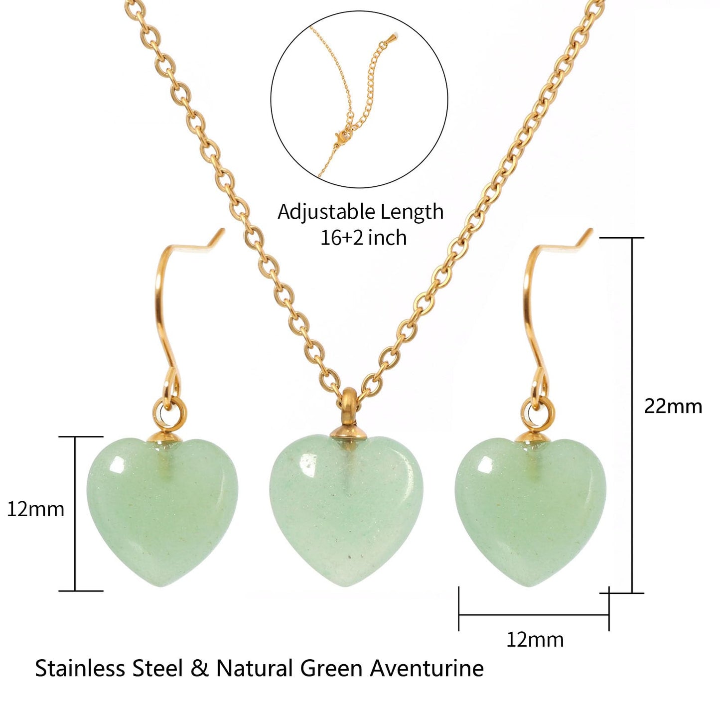 TaYolnFaSo Natural Heart Green Aventurine Jewelry Set for Women 18K Gold Plated Dainty Cute Green Aventurine Earrings and Necklace Set Birthday Gifts