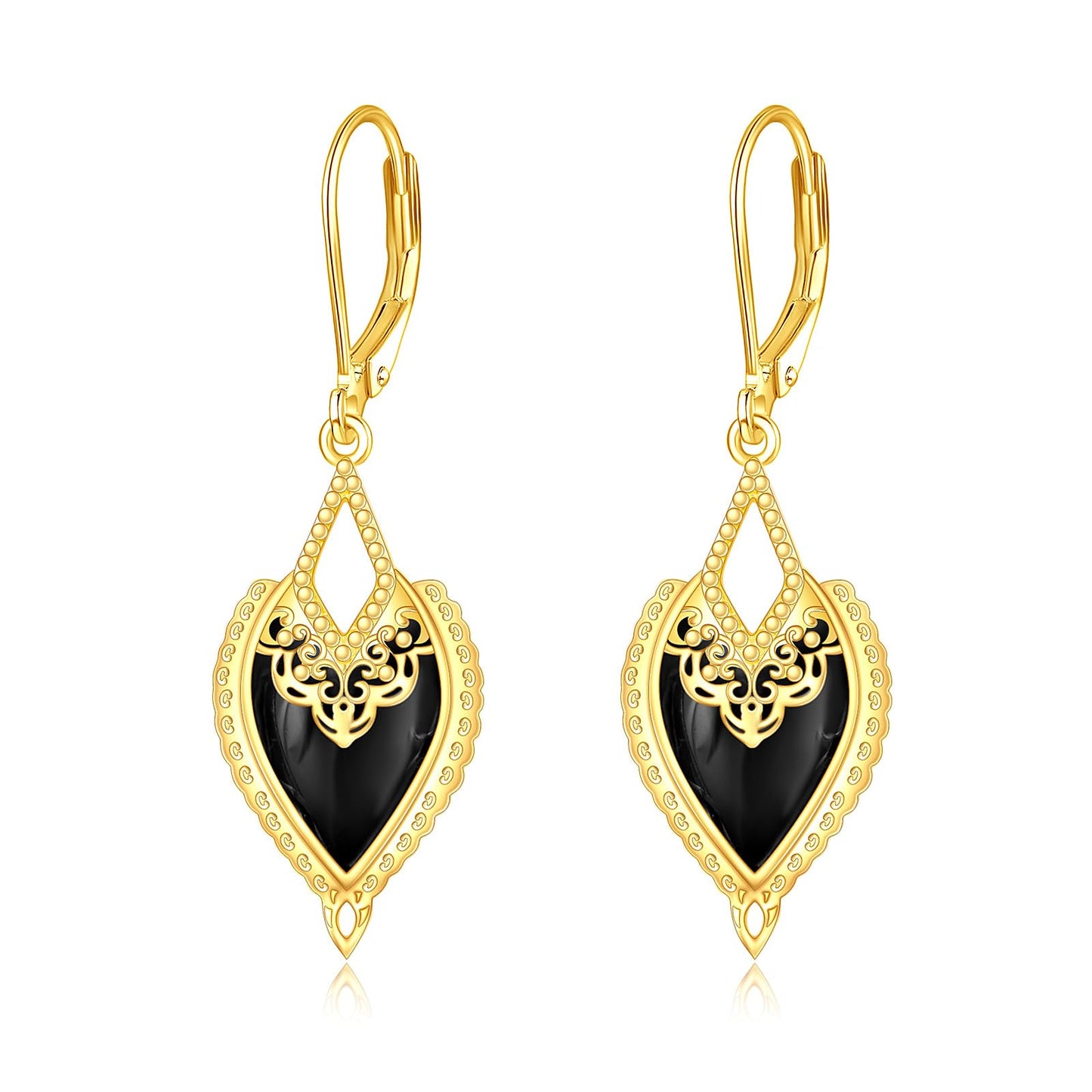 Black Onyx Drop Earrings for Women Sterling Silver 18K Yellow Gold Plated Filigree Black Onyx Dangle Leverback Earrings Jewelry Gifts