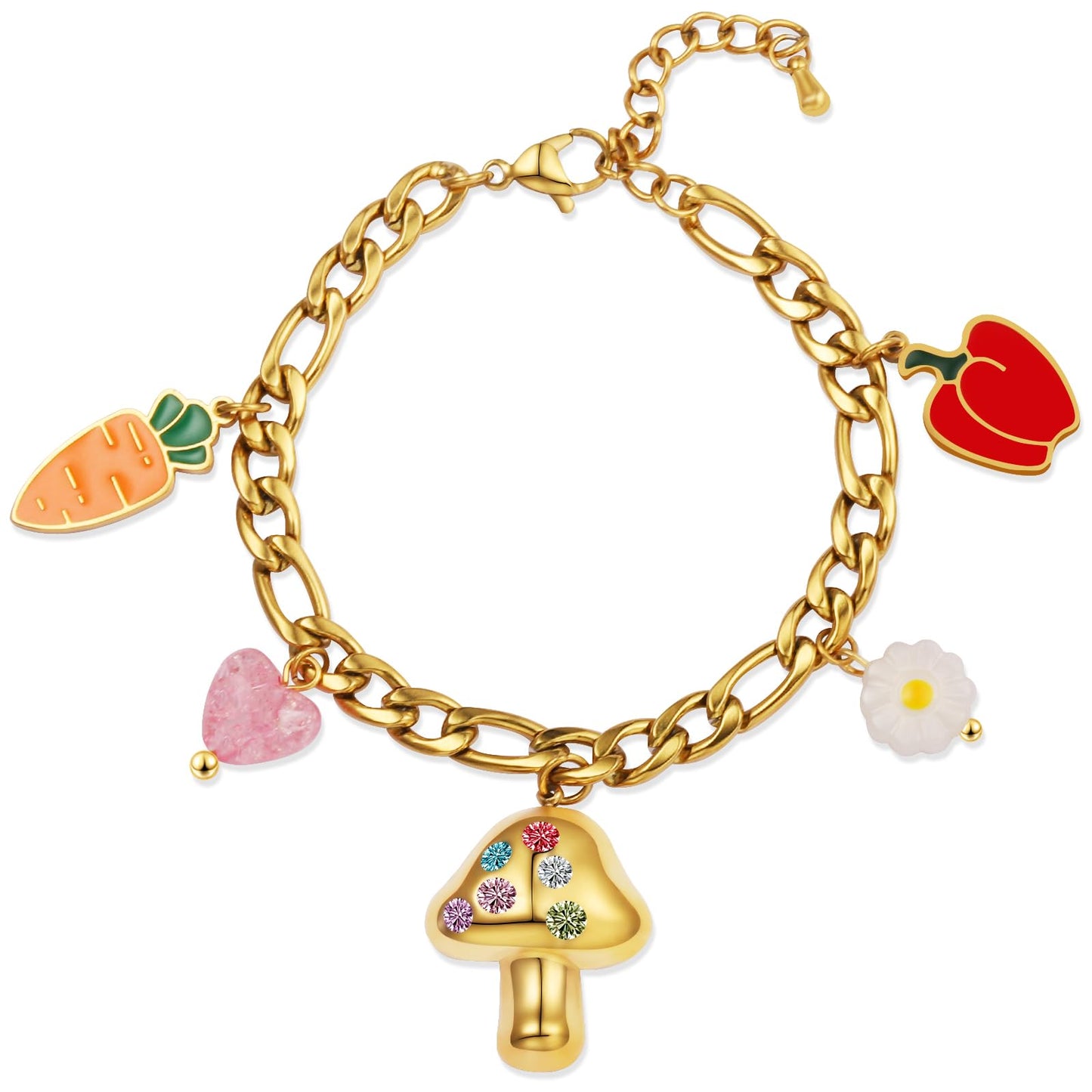 LCTrusttmor Gahna Mushroom Bracelets for Women, 18K Gold Plated Daisy Heart Carrot Red Bell Pepper Charms with Adjustable Chain Link for Women Jewelry Gifts