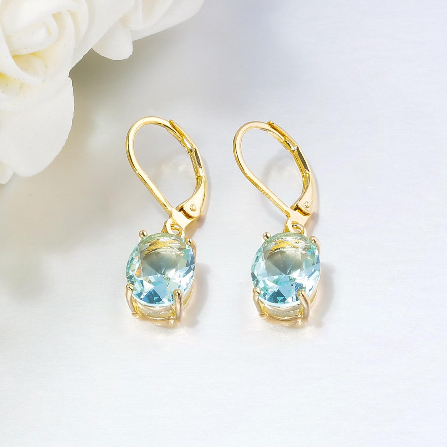 CiNily Cut-Oval Leverback Dangle Earrings for Women Light Blue Cubic Zircon 14K Gold Plated Hypoallergenic Hanging Earrings Lightweight Summer Drop Earrings Party Wedding Birthday Gifts