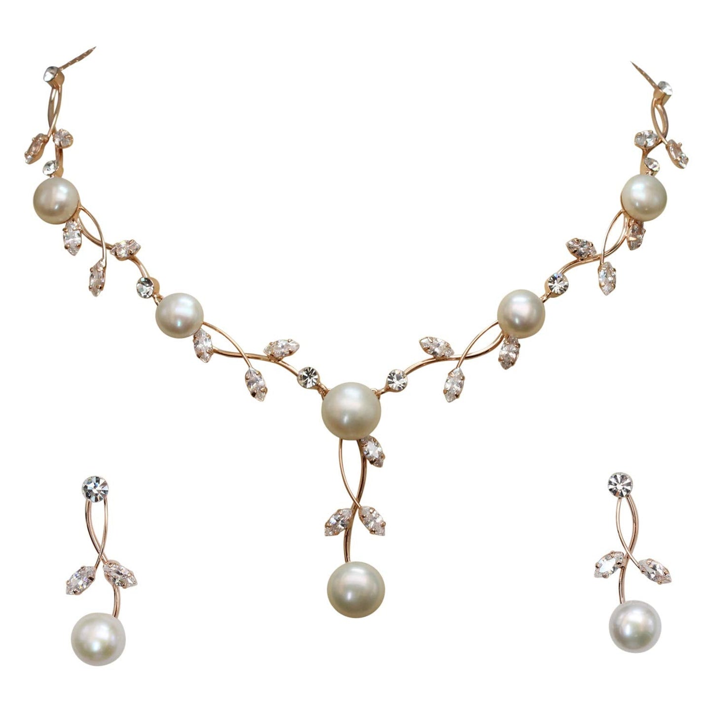 Faship Gorgeous CZ Crystal Genuine Freshwater Pearls Floral Necklace Earrings Set - Clear/Rose-Gold
