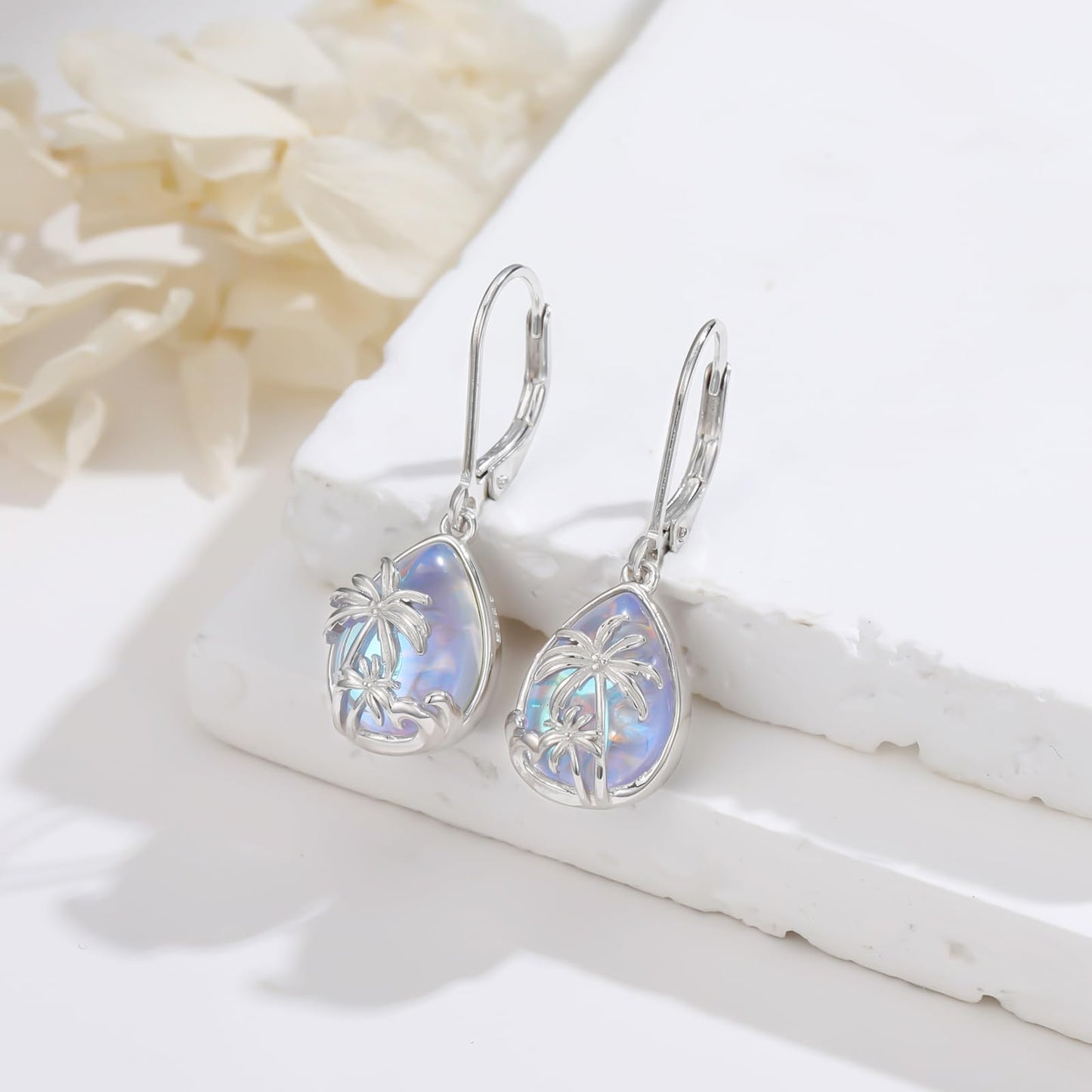 KoyeKei Palm Tree Earrings for Women 925 Sterling Silver Palm Tree Moonstone Dangle Drop Leverback Earrings Hawaiian Beach Jewelry Graduation Birthday Gifts for Lover Her Girlfriend