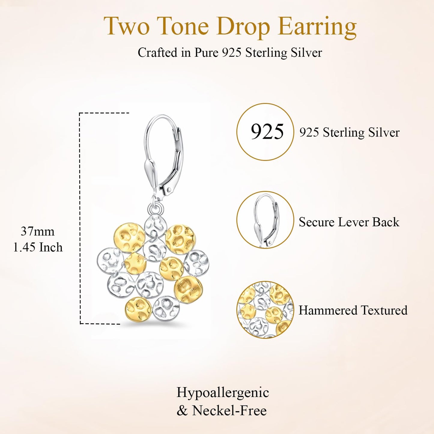 LeCalla 925 Sterling Silver Hammered Earrings for Women | Two-Tone Hammered Disc Cluster Drop Earrings | Gold & Silver Finish Leverback Earring | Textured Jewelry for Everyday & Party Wear 37MM