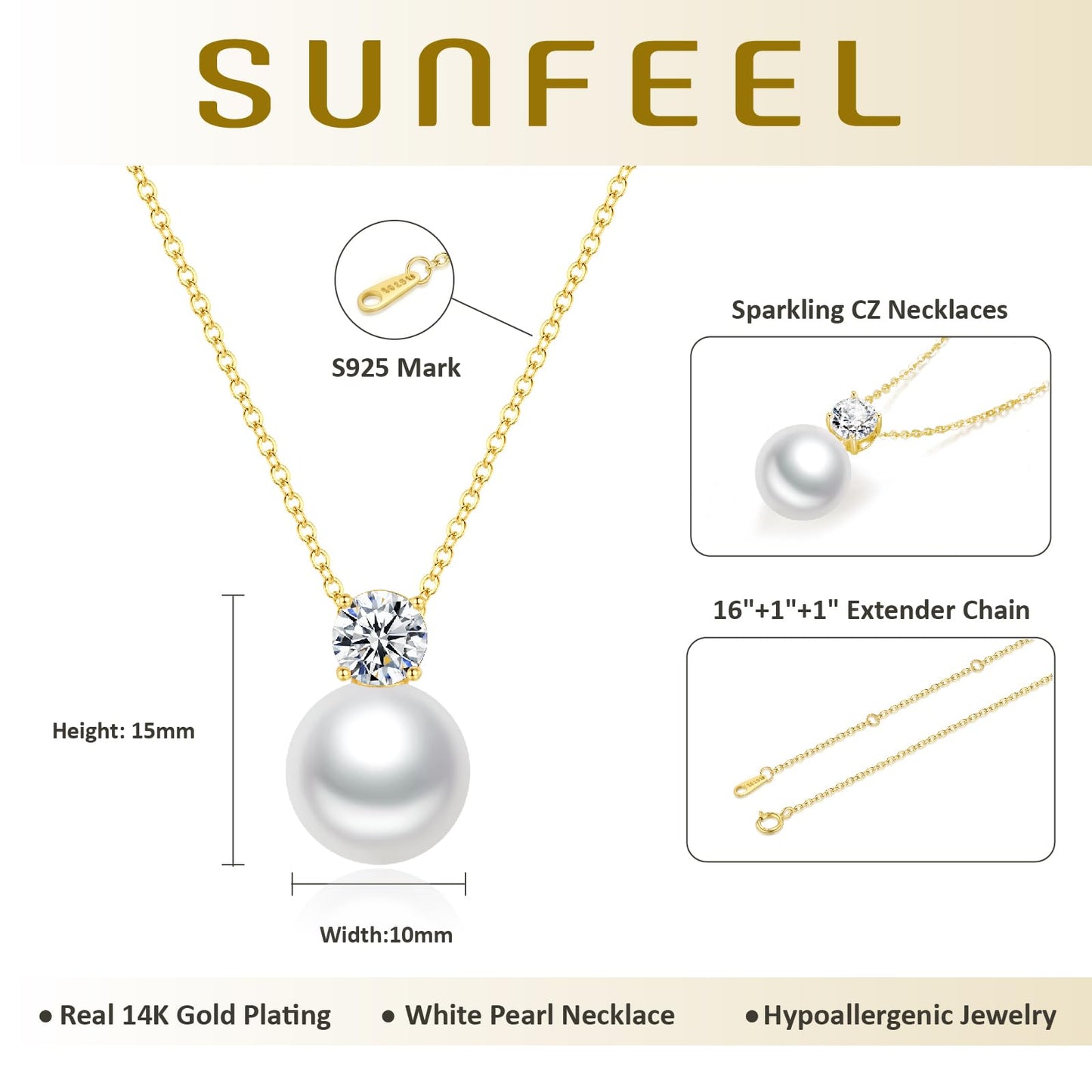 SUNFEEL 925 Sterling Silver Pearl Necklaces for women 14K Gold Plated 5A CZ 10MM Single Pearl Pendant Necklace Gifts for Her Mom Wife Girlfriend Engagement Wedding Birdal Christmas Trendy Jewelry