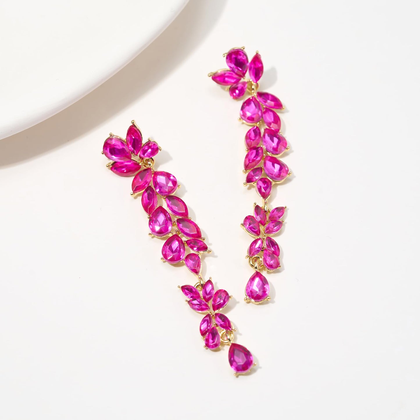 SWEETV Long Hot Pink Rhinestone Dangle Earrings for Women, Wedding Bridal Earrings for Brides, Crystal Chandelier Drop Earrings for Prom or Pageant