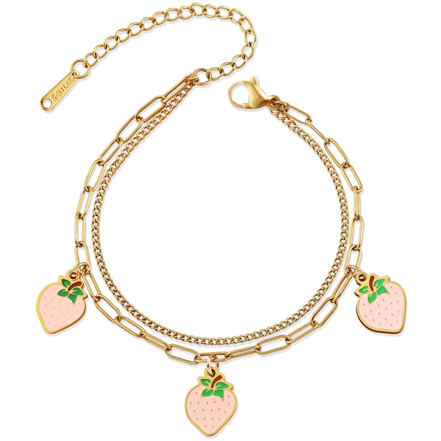 LCTrusttmor Gahna Strawberry Bracelets for Women, 18K Gold Plated Pink Strawberry Fruit Charms with Adjustable Layered Chain Link for Women Summer Jewelry Gifts