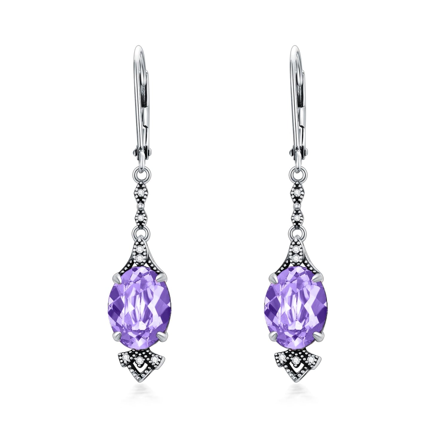 Vintage Violet Purple Earrings 925 Sterling Silver Retro Antique Looking Leverback Dangle Drop Earrings with Oval June Birthstone, Anniversary Jewelry Gifts for Women