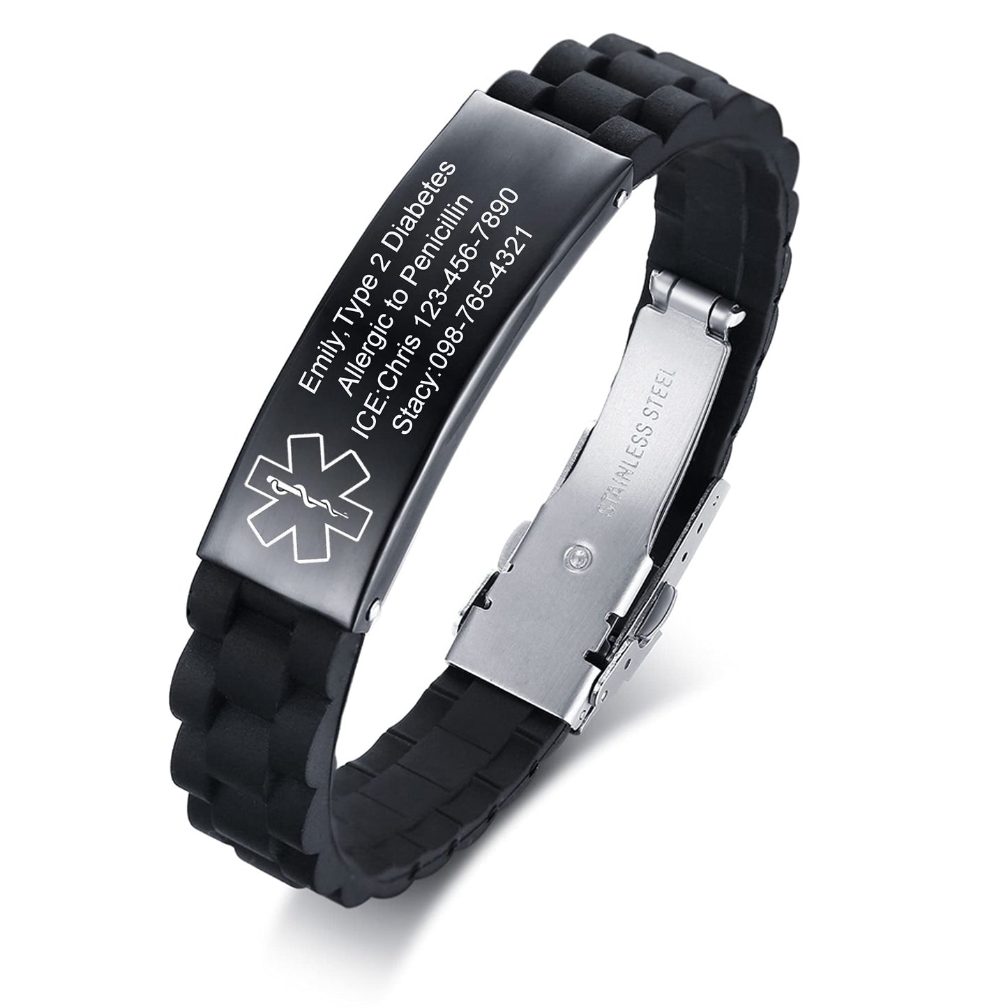 VNOX Medical Alert Bracelets for Men Women Engraving Adjustable Silicone Emergency Medical ID Bracelets