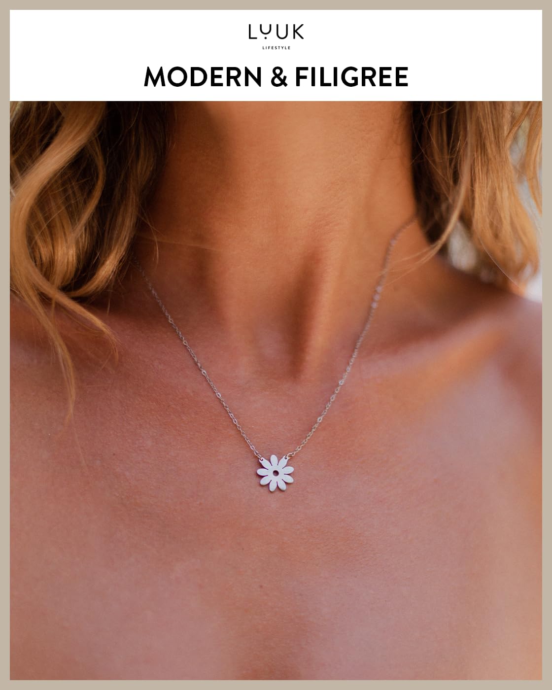 LUUK LIFESTYLE Flower pendant cute necklace, Stainless steel, 14k silver plated, with HAPPINESS Gift Card, 19in adjustable sturdy chain, dainty, modern, trendy, gifting season aesthetic