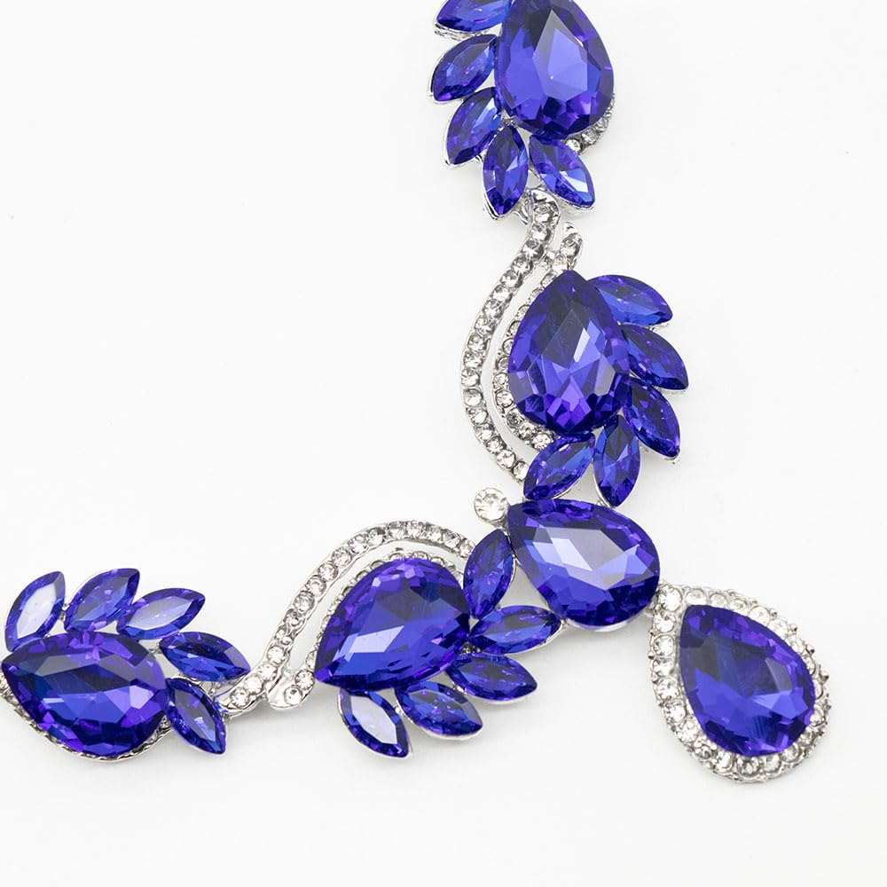 Qlavoca Elegant Crystal Jewelry Set for Women Teardrop Rhinestone Necklace and Dangle Earrings Set for Bridal Evening Prom Jewelry (Royal Blue)
