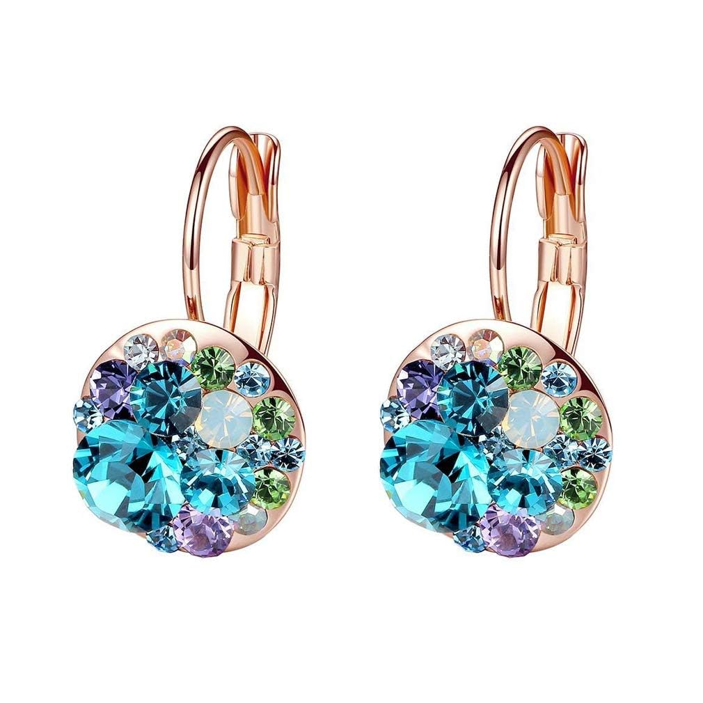 Multicolored Austrian Crystal Earrings for Women 14K Gold Plated Leverback Dangle Hoop Earrings (Blue Green Crystals/Rose Gold-tone)