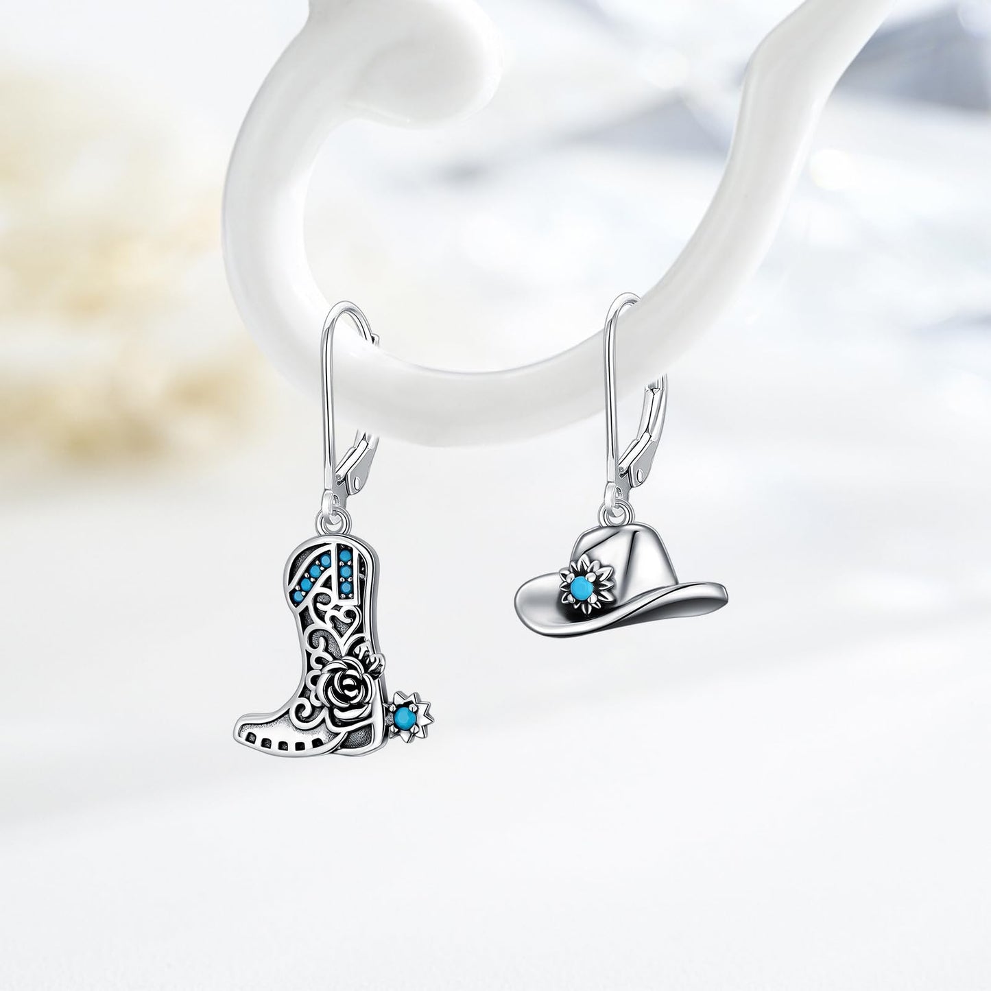 KoyeKei Cowboy Boot Earrings for Women 925 Sterling Silver Cowgirl Hat Texas Boot Dangle Drop Leverback Earrings Western Turquoise Jewelry Country Boho Gifts for Daughter Wife Girlfriend