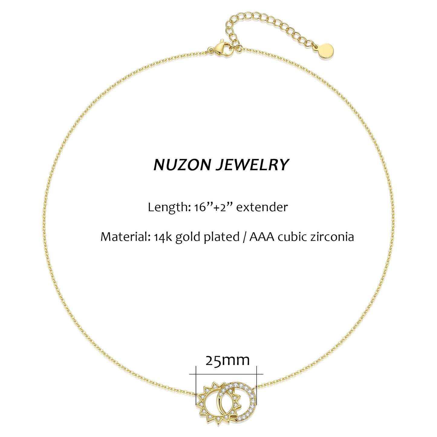 NUZON Moon and Sun Pendant Necklace for Women 18K Gold Plated Interlocking Circles Necklace Cubic Zirconia Celestial Hollow Crescent Moon Chain Choker Dainty Jewelry 16’’