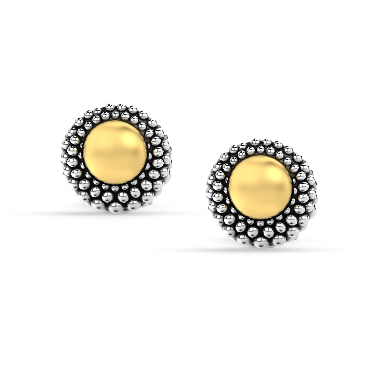 LeCalla 925 Sterling Silver Omega Back Earrings Jewelry Medium Large Antique Round Two-Tone Beaded Dome Statement Omega Clip Back Stud Earring for Women - 15MM