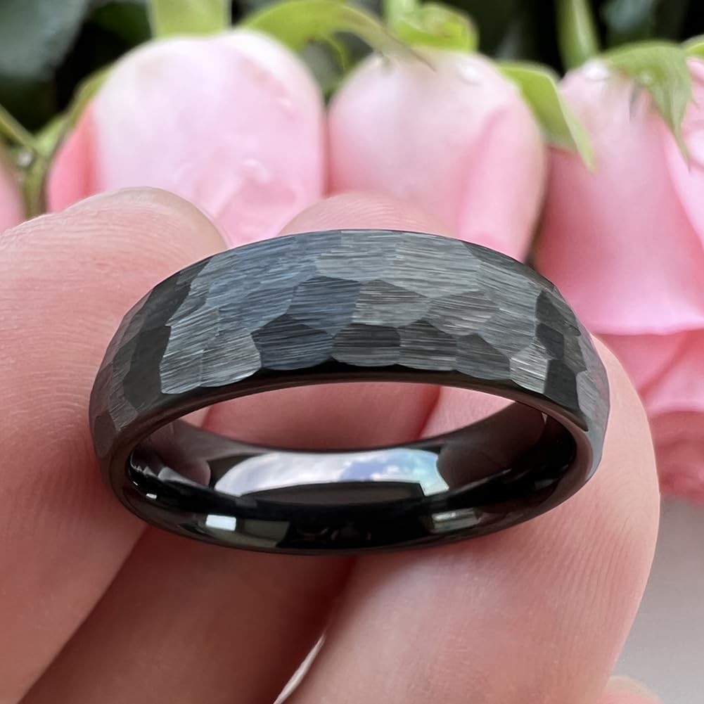 TUTISS 6mm Black Hammered Tungsten Carbide Rings for Men Women Engagement Wedding Bands Domed I Love You Engraved Comfort Fit Size 7