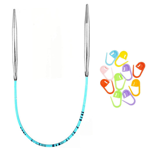 addi Turbo Original 8 inch (20cm) US 03 (3.25mm) Circular Knitting Needle Slick & Smooth Finish, Standard Taper & Tips, Smooth Joins, Blue Pliable Cord with 10 Colorful Stitch Markers