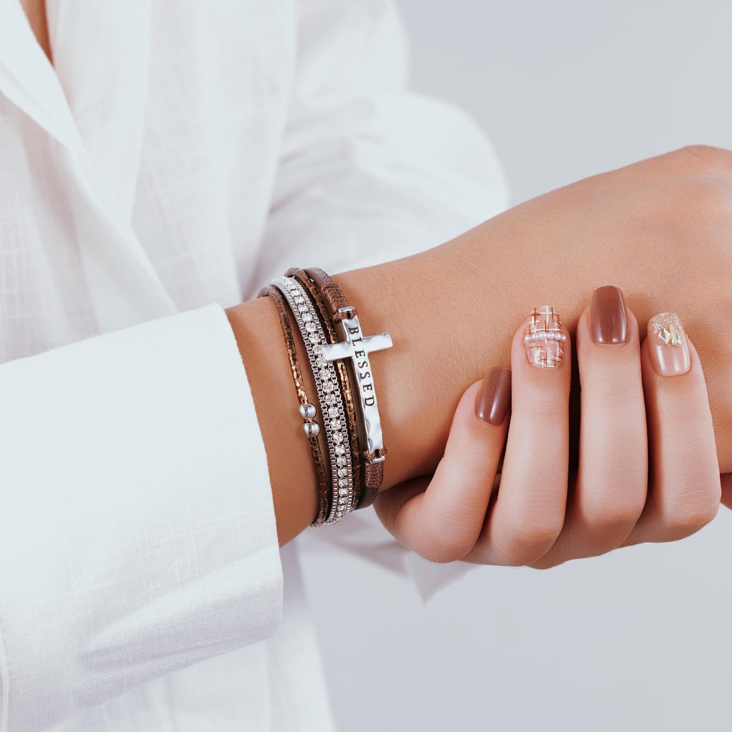 Becklynn Boho Leather Wrap Bracelets Beaded Crystal Stackable Cuff Bracelet with Magnetic Clasp Cowboy Cowgirl County Concert Outfits Western Jewelry Gifts for Women(Cross Brown)