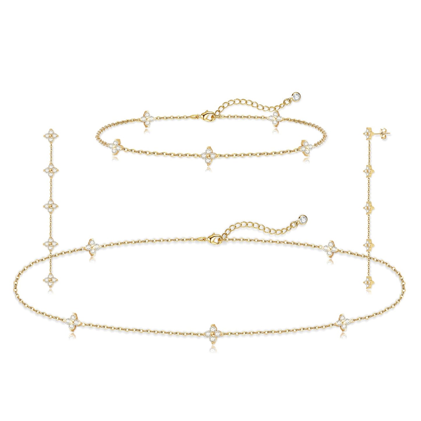 LULII Gold Jewelry Set for Women Dainty 14K Gold Plated Diamond CZ Chain Leaf Necklace and Earring Set with Drop Earrings Bracelets Gold Necklace Wedding Jewelry Gift