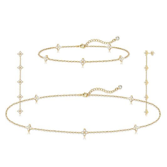 LULII Gold Jewelry Set for Women Dainty 14K Gold Plated Diamond CZ Chain Leaf Necklace and Earring Set with Drop Earrings Bracelets Gold Necklace Wedding Jewelry Gift
