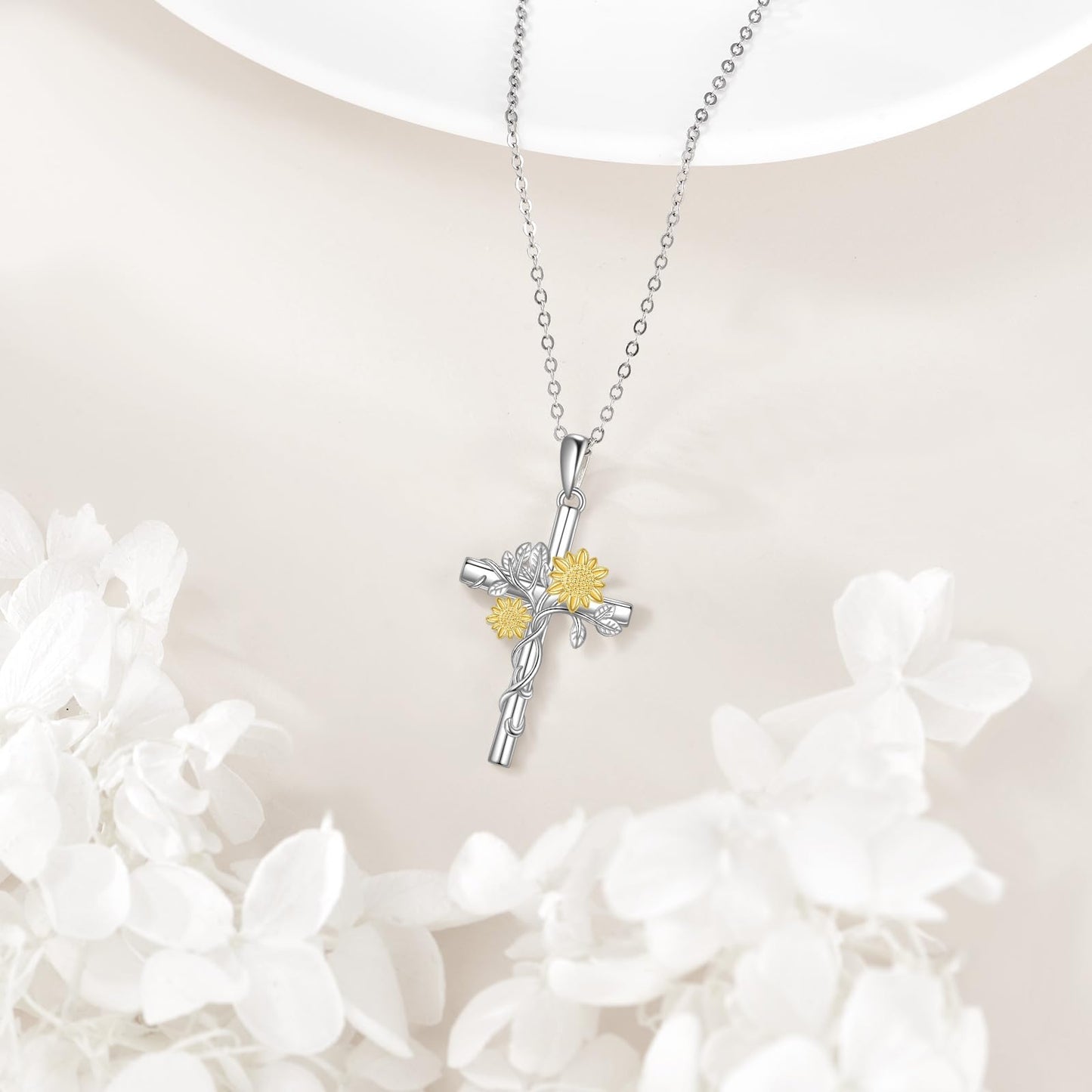 POPLYKE Cross Sunflower Necklace for Women 925 Sterling Silver Cross Necklace Sunflower Pendant Sunflower Jewelry for Women