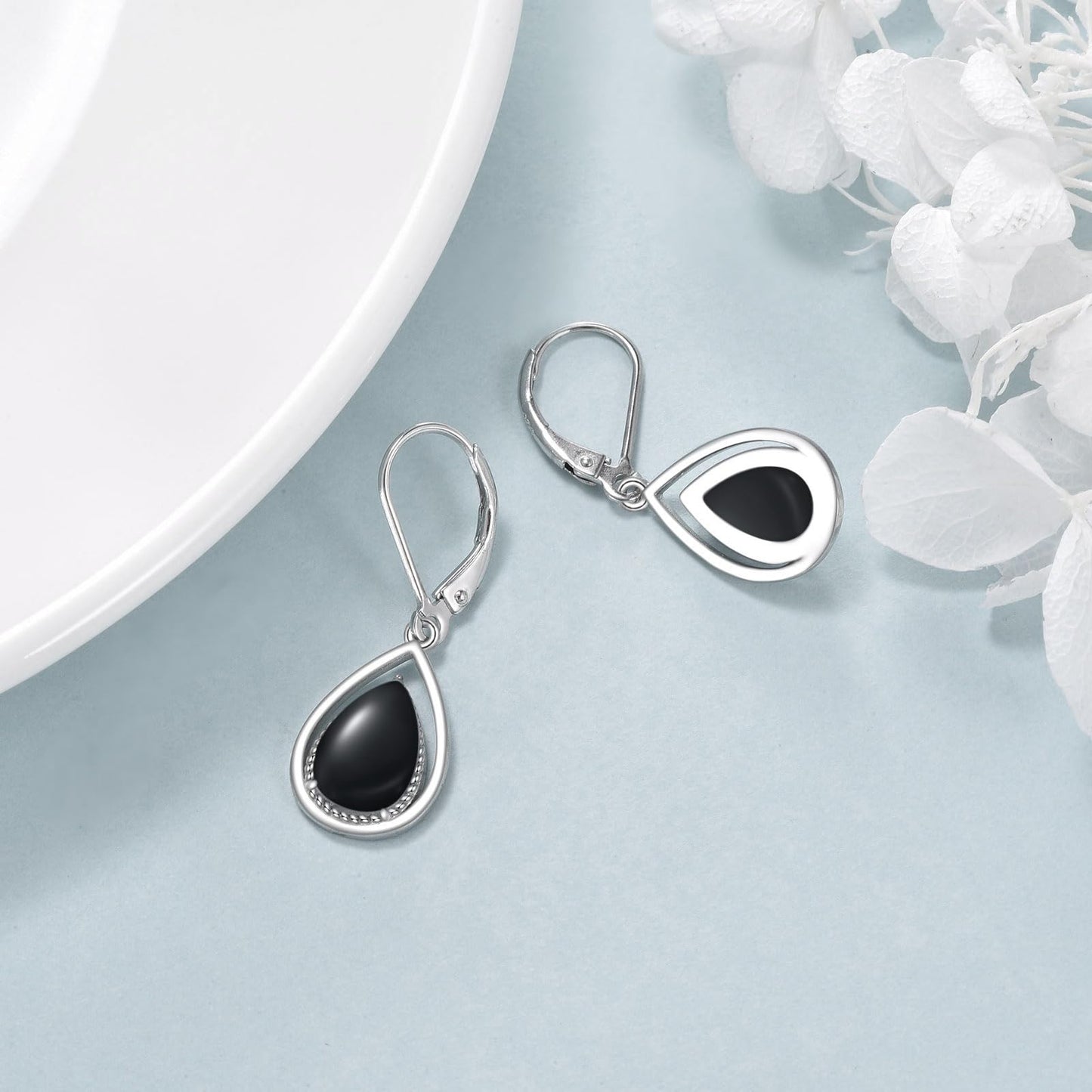 VONALA Black Onyx Earrings 925 Sterling Silver Black Onyx Leverback Earrings Teardrop Dangle Dangling Earrings Jewelry Gift for Women