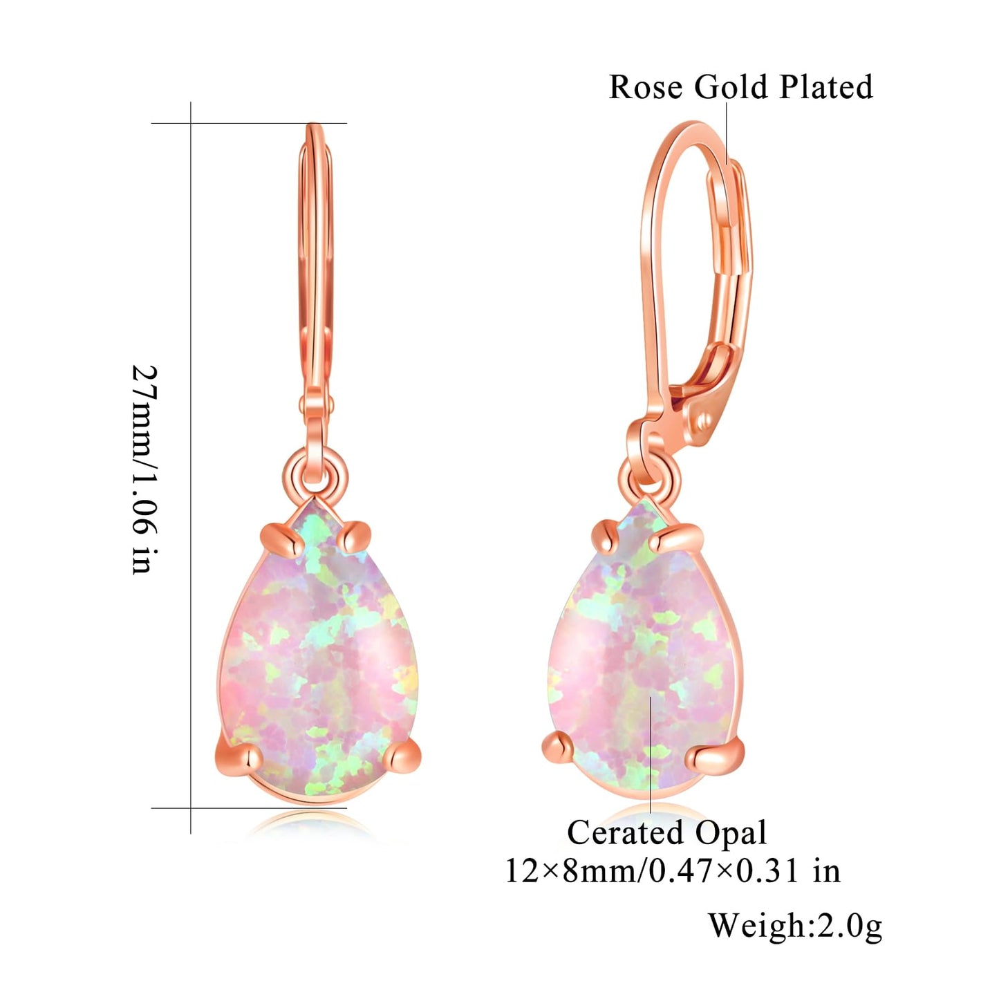 CiNily Teardrop Leverback Dangle Earrings for Women Hypoallergenic Pink Opal Pendant Drop Earrings 14K Rose Gold Plated Hanging Lever Earrings Fashion Jewelry for Sensitive Ears