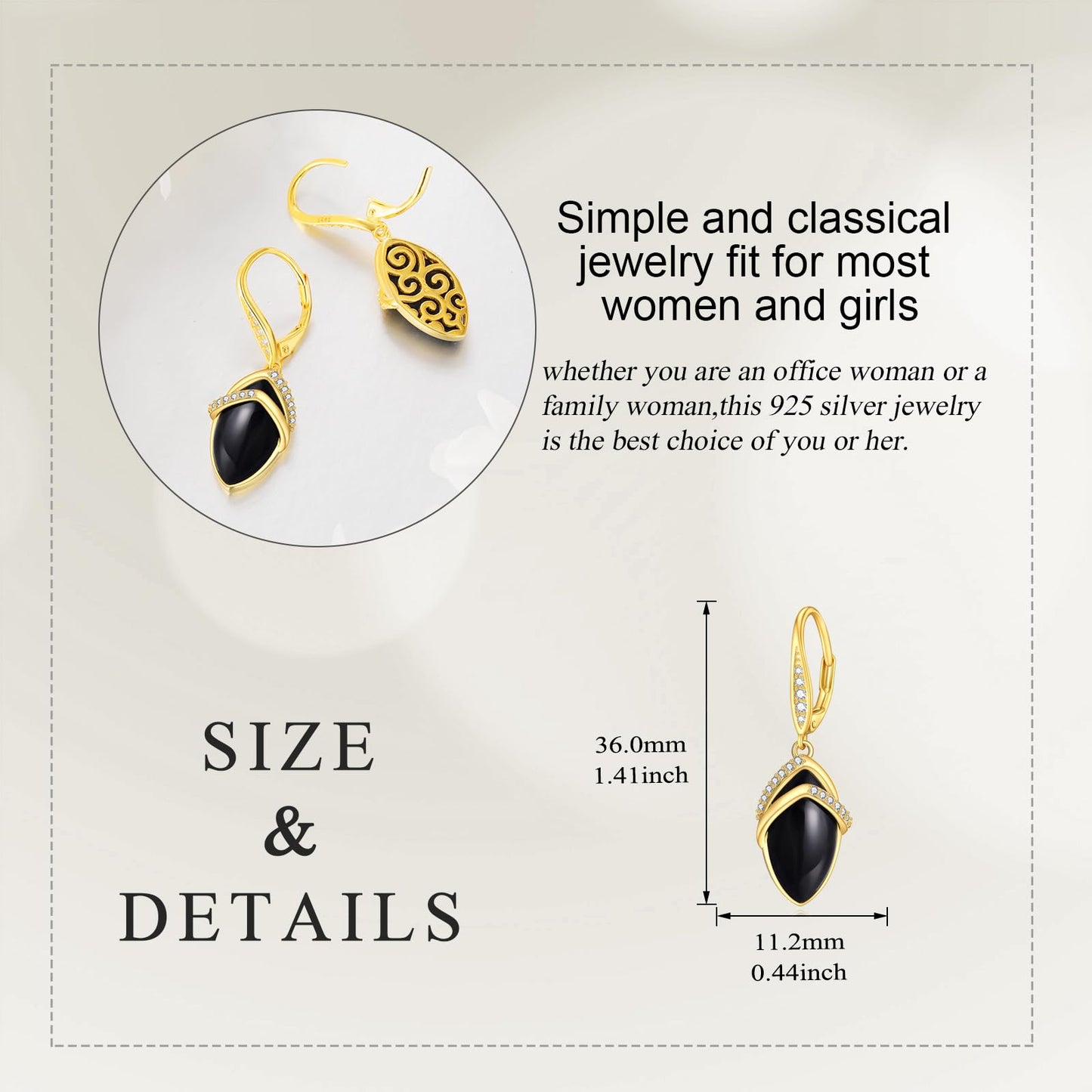 Black Onyx Drop Earrings for Women Sterling Silver 18K Yellow Gold Plated Filigree Black Onyx Dangle Leverback Earrings Jewelry Gifts