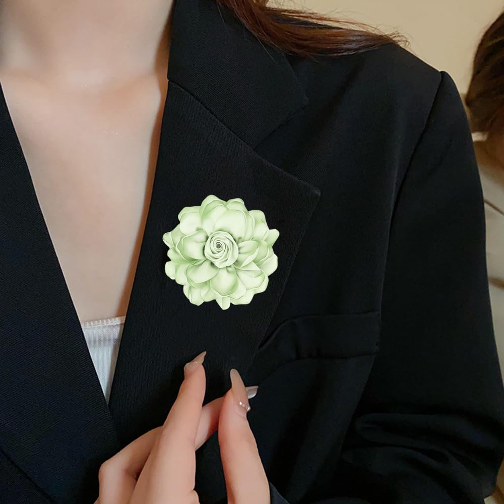 Elegant Large Cloth Flower Brooches Big Camellia Flower Pin for Women Dainty Cloth Fabric Rose Brooches Dress Skirt Scarf Hat Pins Clothing Decoration Accessories (Light green A)