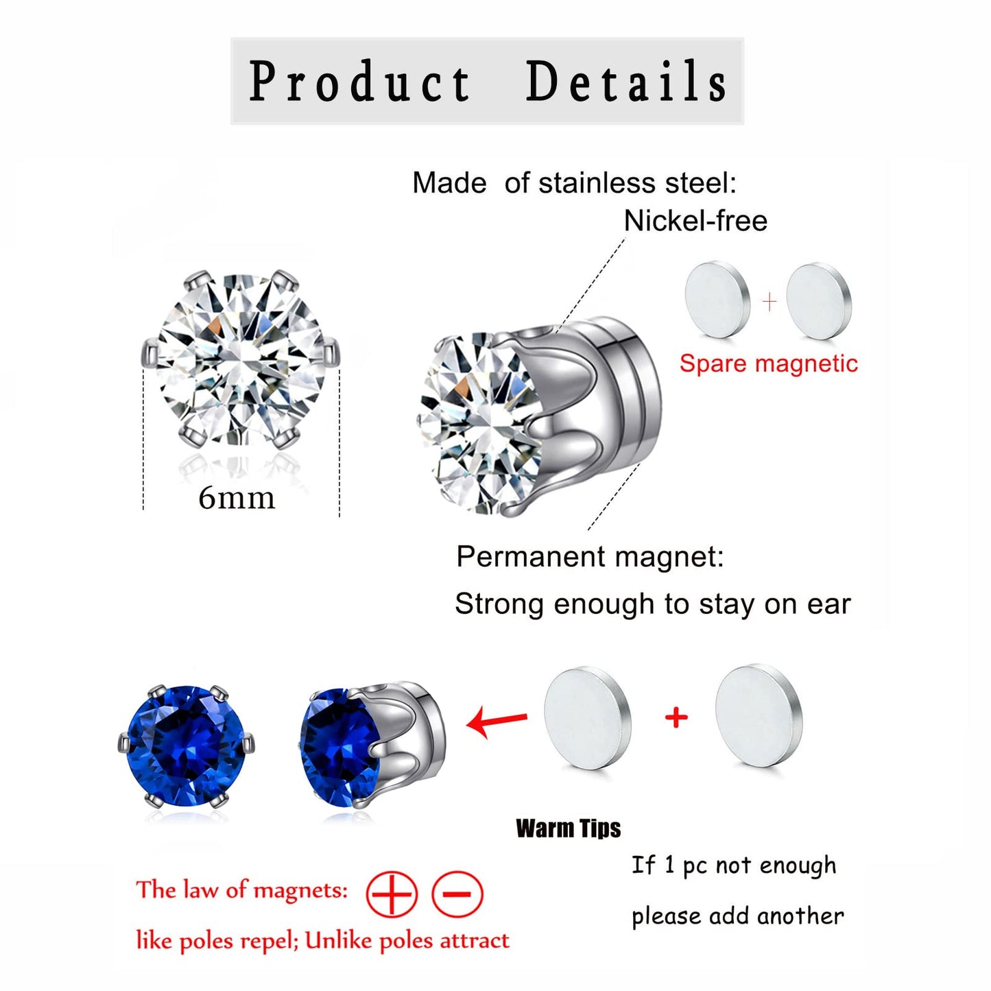 Spiritlele 12 Pairs Magnetic Clip on Earrings Non Piercing Red Blue Cubic Zirconia Stud Earrings Set for Women 6MM Stainless Steel