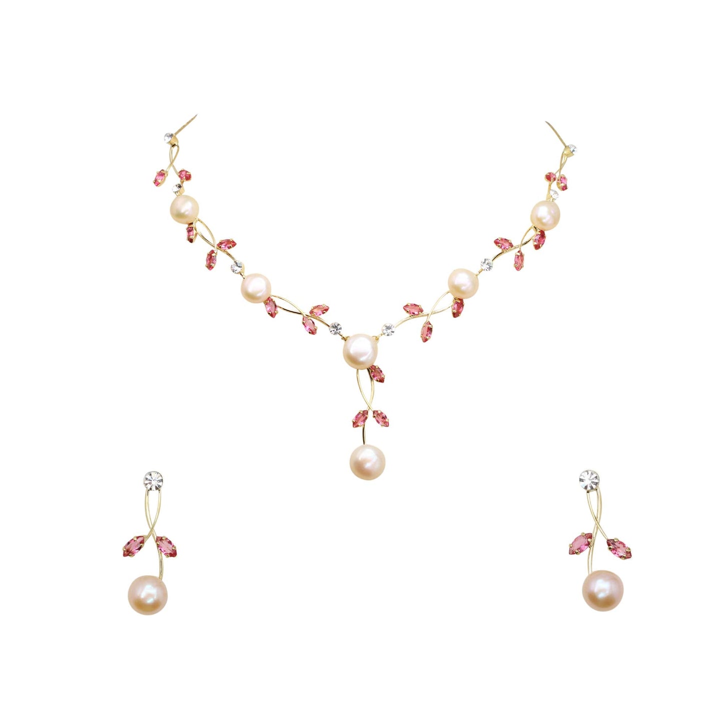 Faship Gorgeous Rose (Pink) CZ Crystal Genuine Freshwater Pearls Floral Necklace Earrings Set - Rose/Gold-Plated