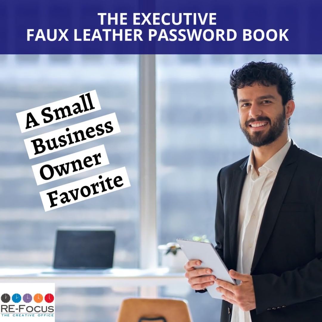 RE-FOCUS THE CREATIVE OFFICE, Executive Password Keeper Book, Black, Flexible Faux-Leather Cover, Spiral Bound