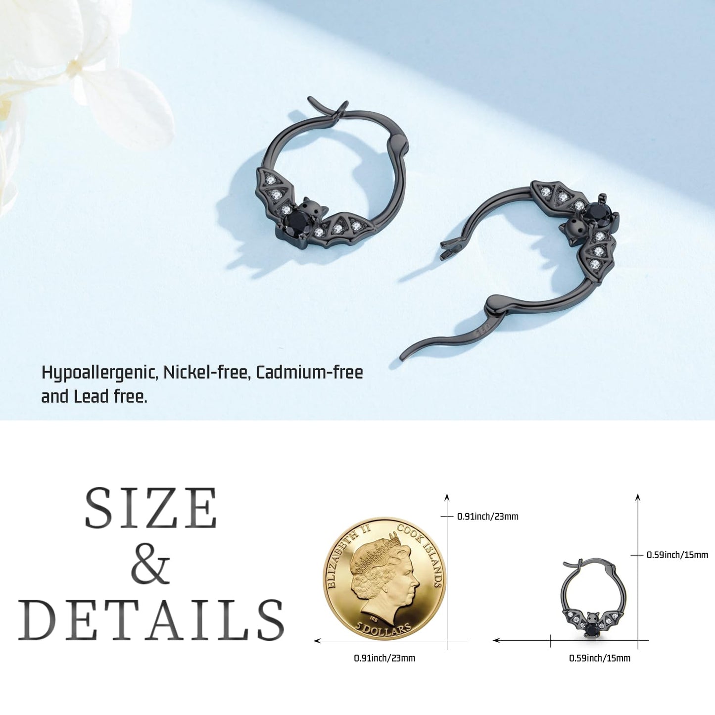 Black Bat Earrings 925 Sterling Silver Hypoallergenic Small Animal Huggie Hoop Earrings for Sensitive Ears Gothic Bat Jewelry Halloween Gifts for Women Daughter