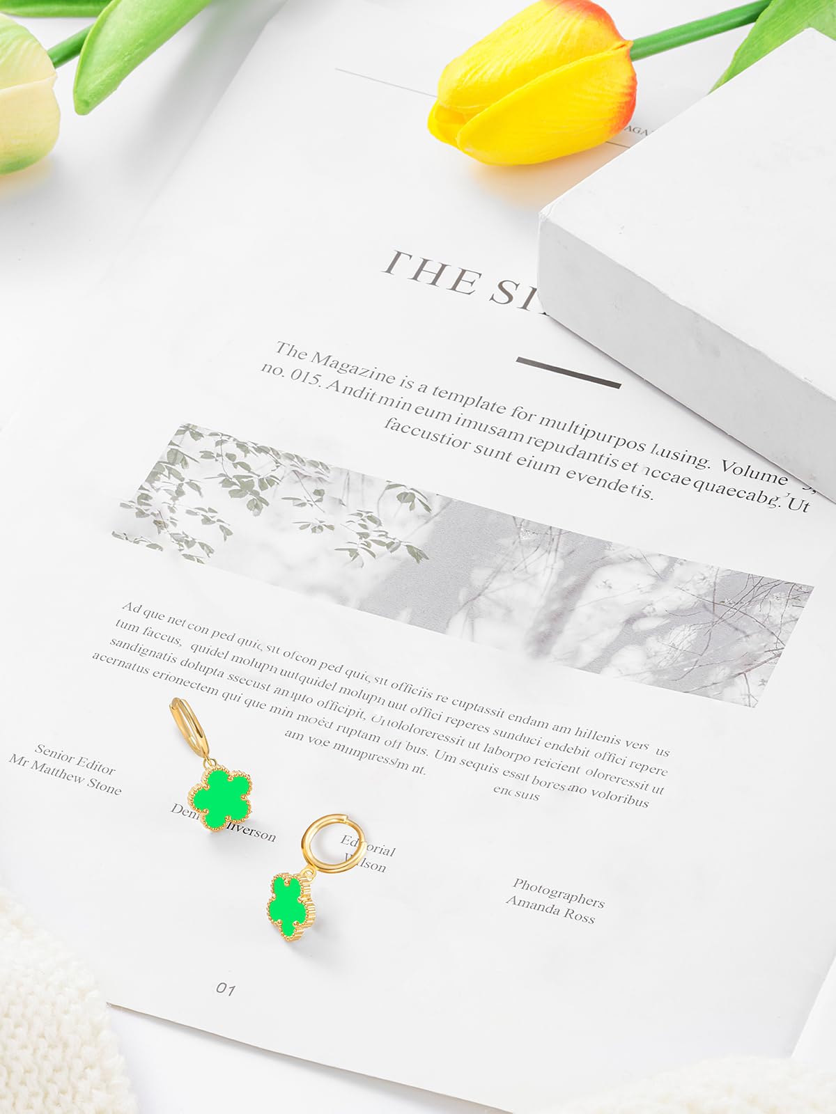 Gold Plated Five Leaf Clover Dangle Earrings for Women Lucky Flower Jewelry (Lime Green-14K Gold Plated)