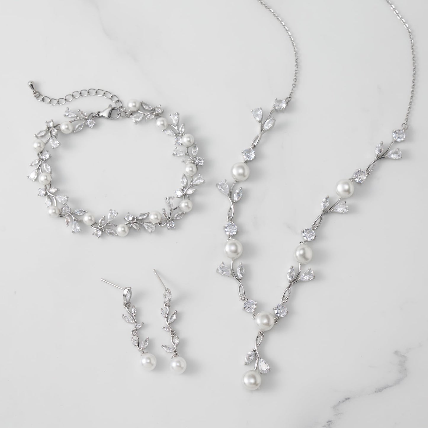 SWEETV Jewelry Set for Women, Cubic Zirconia Pearl Floral Vine Earrings Necklace Bracelet Set for Bride, Bridal Jewelry Set for Wedding Prom