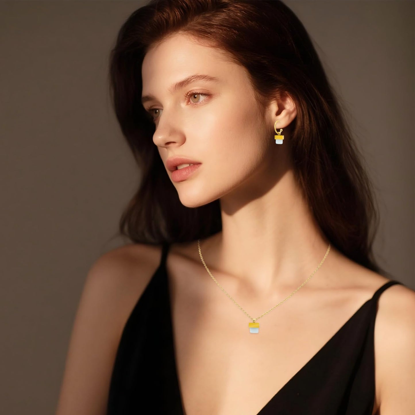 TaYolnFaSo Natural Amazonite Necklace and Earrings Set for Women 18K Gold Plated Amazonite Jewelry Set Square Gemstone Jewelry Gift