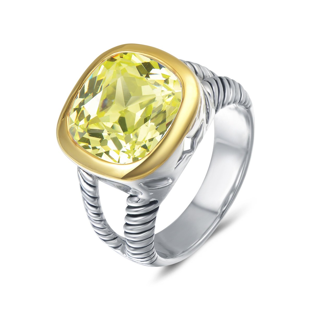 UNY JEWEL Twisted Cable Wire Two Tone Cusion Cut CZ Statement Ring Designer Inspired Fashion Love Antique Women Jewelry Gift (Peridot, 7)
