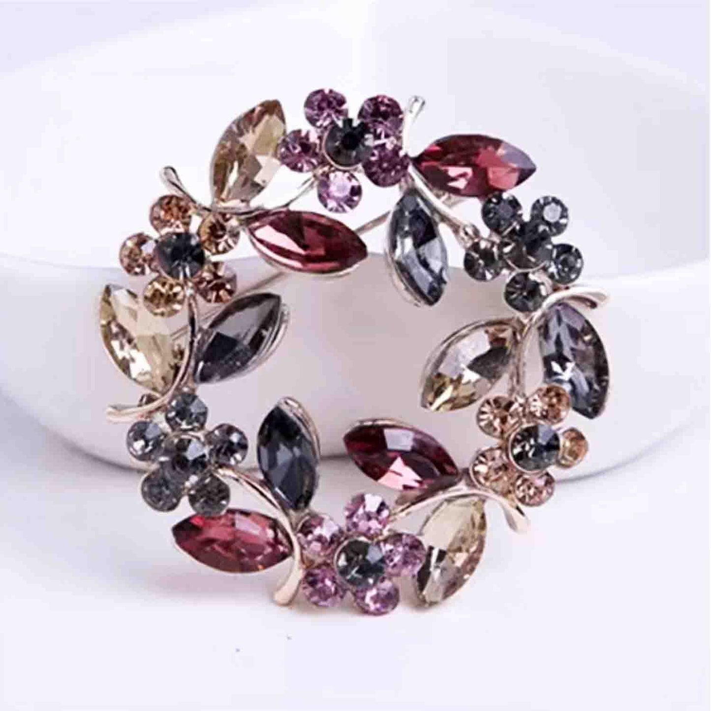 Gold Olive Branch Wreath Flower Crystal Brooches Pins Fashion Beautiful Created Rhinestone Floral Brooch Good Idea for Party Dance Wedding Banquet for Elegant Women Girl (Olive Branch Wreath)