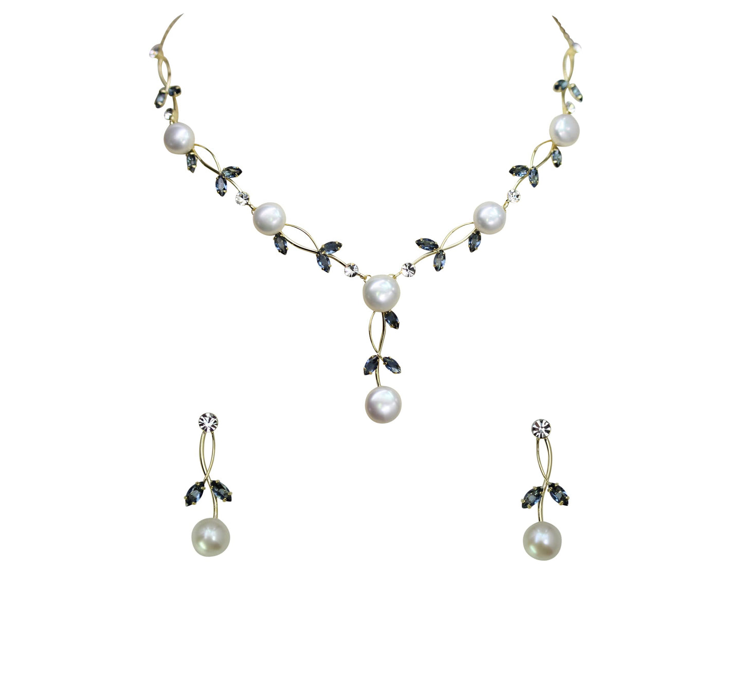 Faship Gorgeous Navy Blue CZ Crystal Genuine Freshwater Pearls Floral Necklace Earrings Set - Navy Blue/Gold Plated
