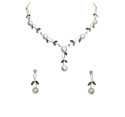 Faship Gorgeous Navy Blue CZ Crystal Genuine Freshwater Pearls Floral Necklace Earrings Set - Navy Blue/Gold Plated