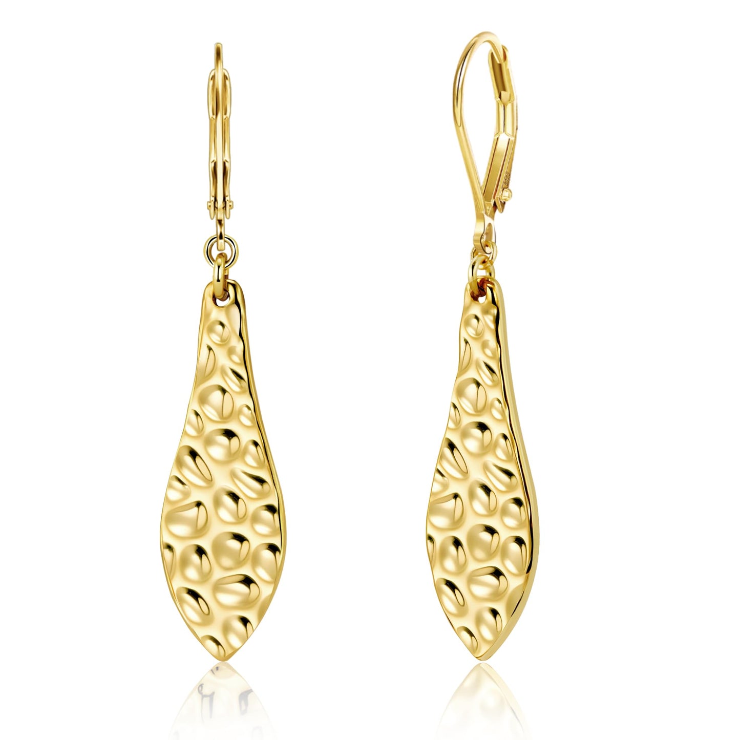Gold Teardrop Dangle Earrings for Women Trendy Lightweight Hypoallergenic 925 Sterling Silver 14K Goldplated Hammered Dangling Drop Earring Gold Long Teardrop Leverback Earrings for Women Jewelry