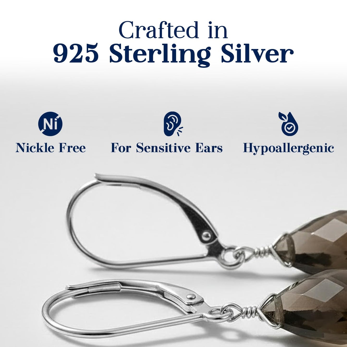 GemInspire Smoky Quartz Teardrop Dangle Earrings for Women, Leverback Pear Shaped Gemstone, 925 Sterling Silver Leverback, Handmade Lightweight Crystal Jewelry Gift